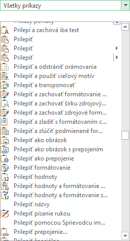 Dostupné príkazy na prilepenie