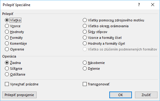 Okno Prilepiť špeciálne
